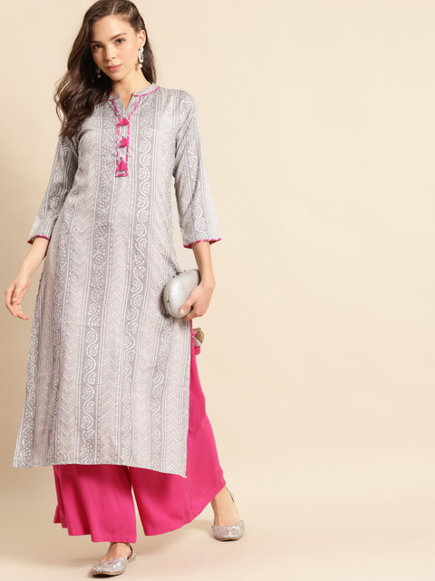 

RANGMAYEE Women Grey & White Bandhani Printed Liva Kurta