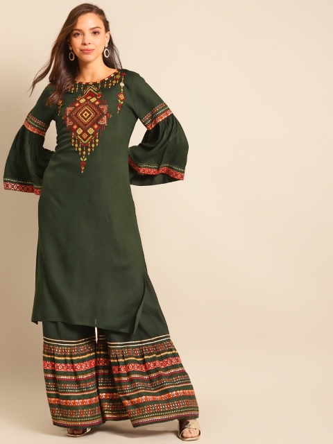 

RANGMAYEE Women Green Embroidered Regular Liva Kurta with Sharara