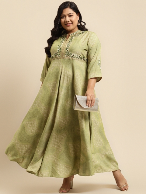 

RANGMAYEE Green & Beige Floral Embroidered Liva Ethnic Maxi Dress