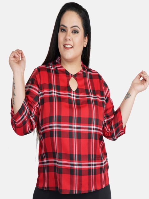 

Indietoga Plus Size Red Checked Crepe Shirt Style Top