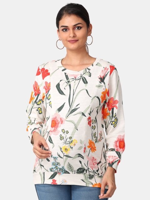 

The Mom Store Off White & Orange Floral Printed Round Neck Maternity & Nursing Sweatshirt