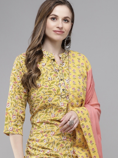 

Indo Era Women Yellow Floral Printed Regular Kurta with Trousers & With Dupatta