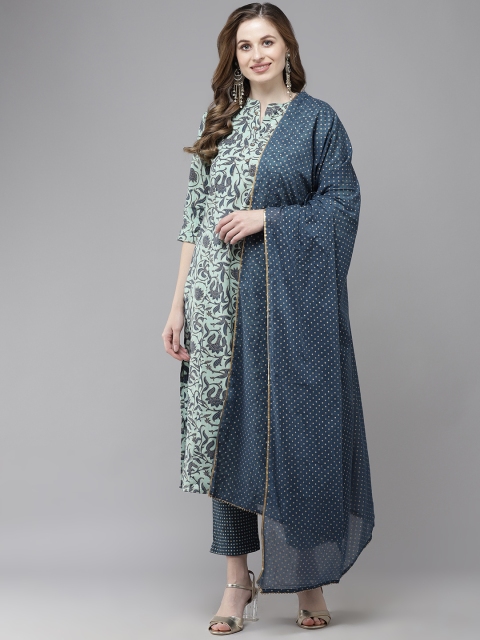 

Indo Era Women Blue Floral Printed Regular Kurta with Trousers & With Dupatta