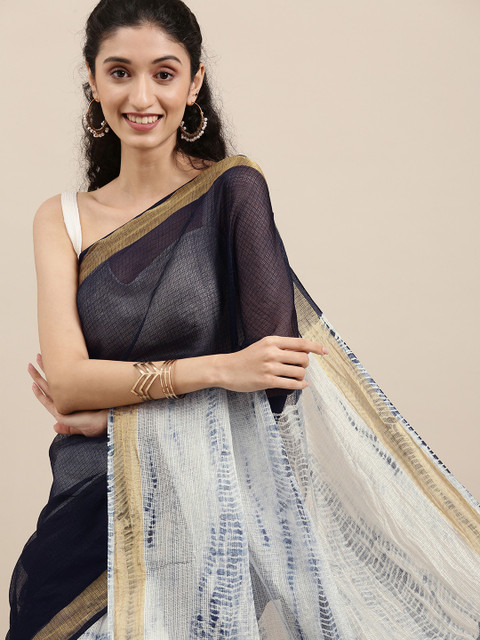 

Geroo Jaipur Navy Blue & White Bandhani Zari Art Silk Kota Saree