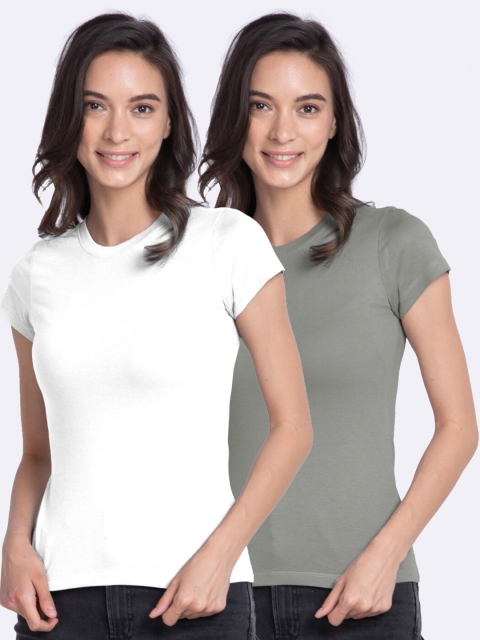 

Bewakoof Women Pack of 2 White & Olive Green Solid Round Neck T-shirts