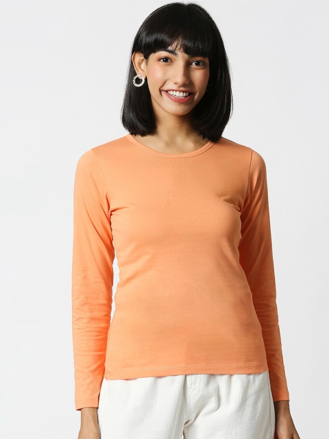 

Bewakoof Women Orange Solid Round Neck Cotton T-shirt