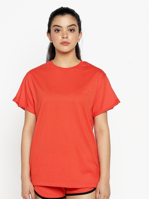 

Bewakoof Women Red Solid Cotton Round Neck Boxy T-shirt