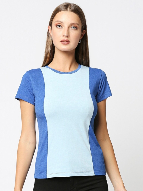 

Bewakoof Women Blue Colourblocked Round Neck T-shirt