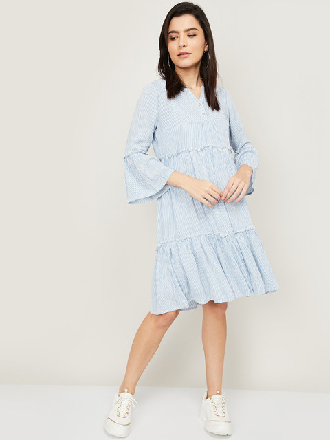 

Fame Forever by Lifestyle Women Blue & White Striped Tiered Cotton A-Line Dress