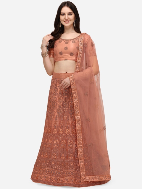 

V SALES Peach-Coloured & Grey Embroidered Thread Work Semi-Stitched Lehenga & Unstitched Blouse With Dupatta