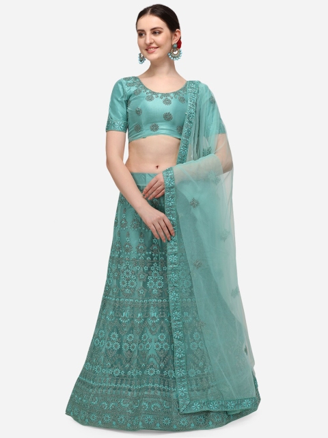 

V SALES Turquoise Blue & Grey Embroidered Thread Work Semi-Stitched Lehenga & Unstitched Blouse With Dupatta