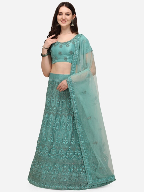 

V SALES Turquoise Blue & Grey Embroidered Thread Work Semi-Stitched Lehenga & Unstitched Blouse With Dupatta