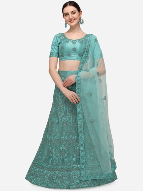

V SALES Turquoise Blue & Grey Embroidered Thread Work Semi-Stitched Lehenga & Unstitched Blouse With Dupatta