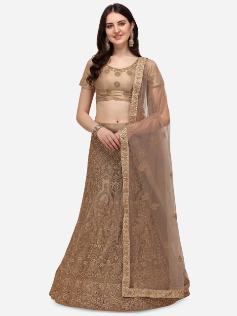 

V SALES Beige & Gold-Toned Embroidered Thread Work Semi-Stitched Lehenga & Unstitched Blouse With Dupatta