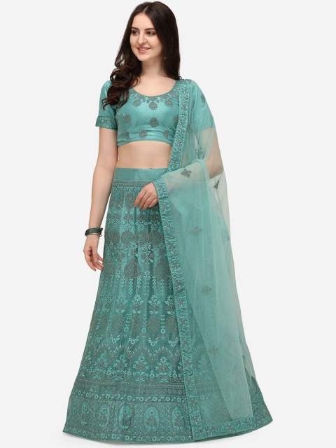 

V SALES Turquoise Blue & Grey Embroidered Thread Work Semi-Stitched Lehenga & Unstitched Blouse With Dupatta