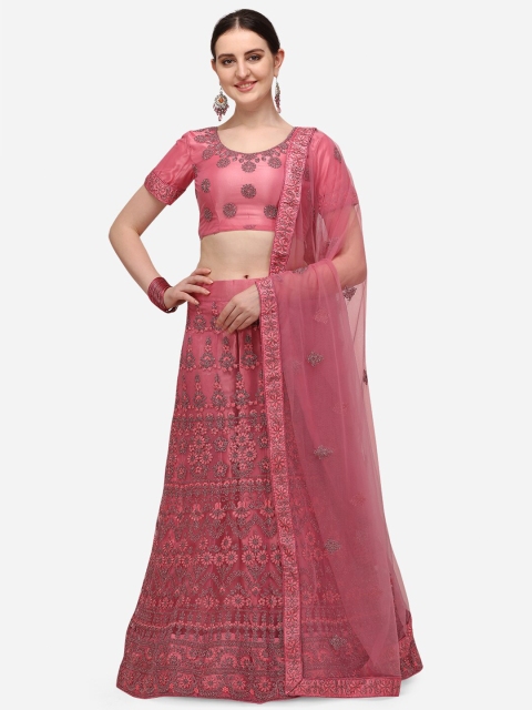 

V SALES Pink & Grey Embroidered Thread Work Semi-Stitched Lehenga & Unstitched Blouse With Dupatta