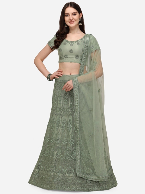 

V SALES Green & Grey Embroidered Thread Work Semi-Stitched Lehenga & Unstitched Blouse With Dupatta