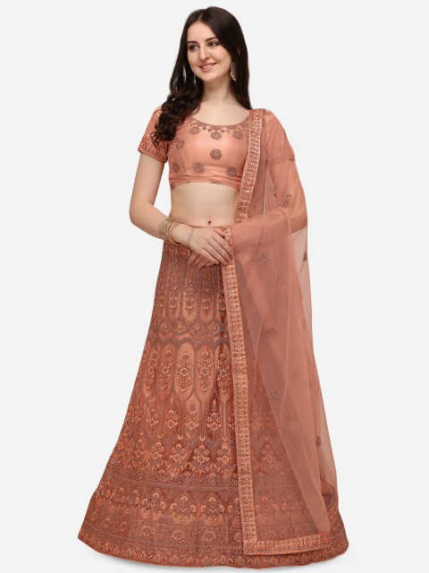 

V SALES Peach-Coloured & Grey Embroidered Thread Work Semi-Stitched Lehenga & Unstitched Blouse With Dupatta
