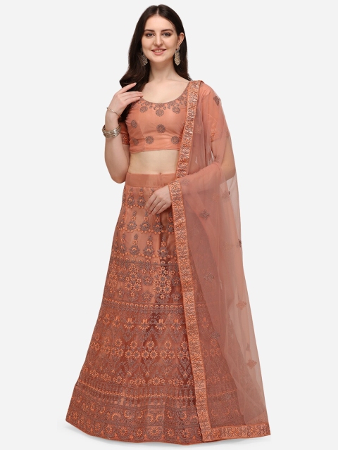 

V SALES Peach-Coloured Embroidered Thread Work Semi-Stitched Lehenga & Unstitched Blouse With Dupatta