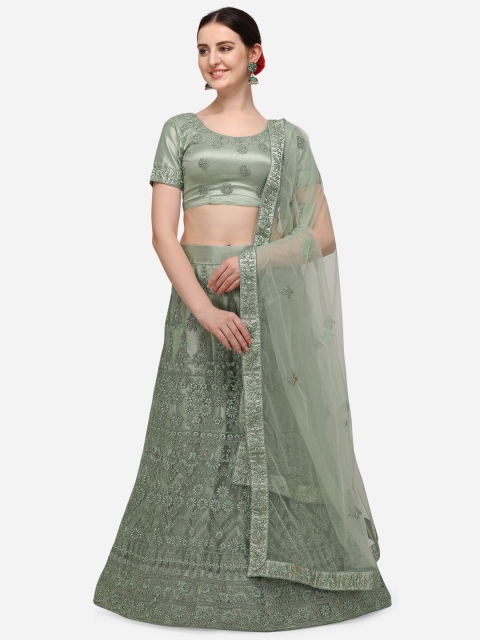 

V SALES Green & Grey Embroidered Thread Work Semi-Stitched Lehenga & Unstitched Blouse With Dupatta
