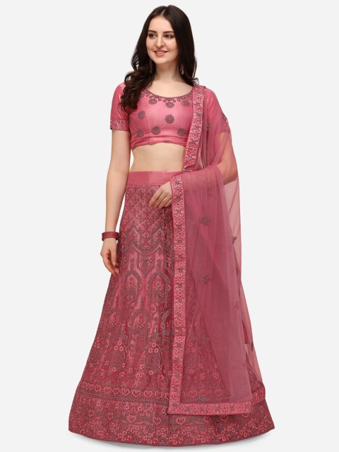 

V SALES Pink & Grey Embroidered Thread Work Semi-Stitched Lehenga & Unstitched Blouse With Dupatta