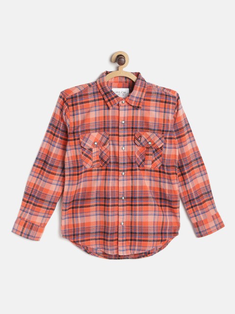 

Gini and Jony Boys Peach-Coloured & Blue Checked Pure Cotton Casual Shirt