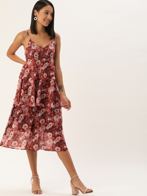 

MELOSO Brown & Peach-Coloured Floral Layered Georgette A-Line Midi Dress