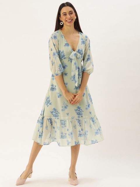 

MELOSO Green & Blue Floral Georgette A-Line Midi Dress