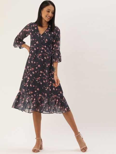 

MELOSO Navy Blue & Peach-Coloured Floral Georgette Midi Dress