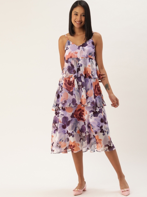 

MELOSO Lavender & Peach-Coloured Floral Layered Georgette A-Line Midi Dress