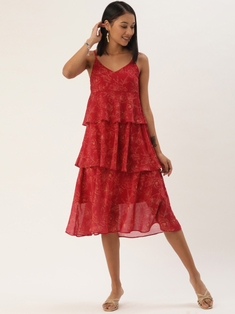 

MELOSO Red Floral Layered Georgette A-Line Midi Dress