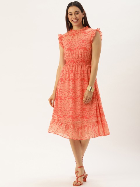 

MELOSO Peach-Coloured Floral Georgette Midi Dress