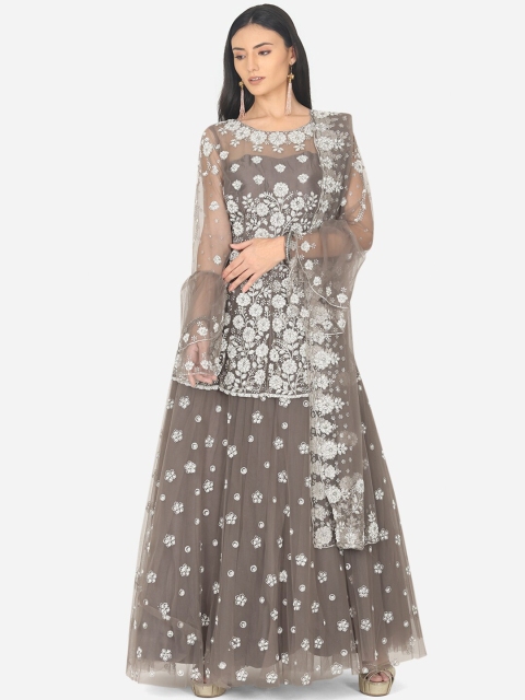 

BOMBAY SELECTIONS Brown & Silver-Toned Embroidered Ready to Wear Lehenga & Blouse With Dupatta