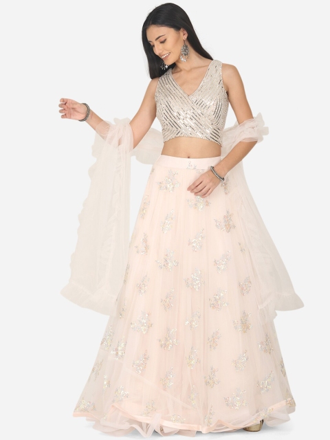 

BOMBAY SELECTIONS Peach-Coloured & Silver-Toned Embellished Ready to Wear Lehenga & Blouse With Dupatta