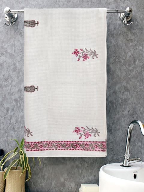 

Gulaab Jaipur White & Pink Handblock Printed 380 GSM Cotton Bath Towel