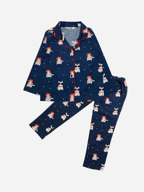 

SMUGGLERZ INC Girls Navy Blue & White Grumpus & Dufus Printed Pure Cotton Night suit