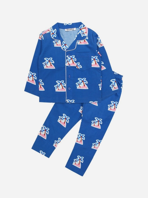 

SMUGGLERZ INC Boys Navy Blue & White Palm Tree Printed Pure Cotton Night suit