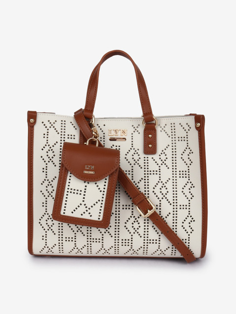 

LYN White Geometric PU Shopper Handbags with Cut Work