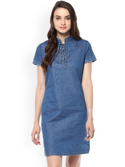 

StyleStone Blue Tie-Up Neck Denim A-Line Dress