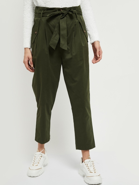 

max Women Green Pleated Peg Trousers