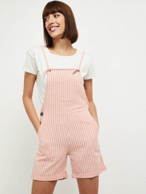 

max Women Orange & White Checked Cotton Dungarees