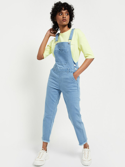 

max Women Blue Solid Slim-Fit Cotton Dungarees