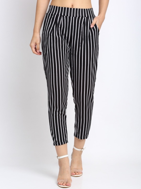 

NEUDIS Women Black Striped Easy Wash Pleated Peg Trousers