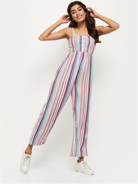 

max Women Turquoise Blue & Pink Striped Jumpsuit