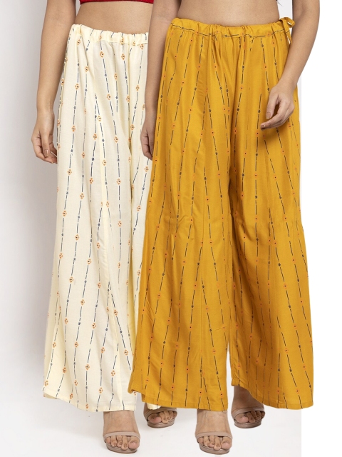 

Clora Creation Women Pack of 2 Yellow & Off White Printed Knitted Ethnic Palazzos