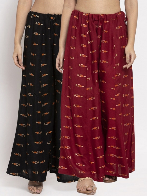 

Clora Creation Set-2 Women Maroon & Black Printed Knitted Palazzos