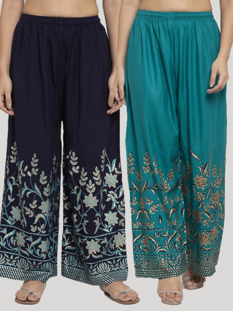 

Clora Creation Women Blue & Green 2 Floral Printed Knitted Palazzos