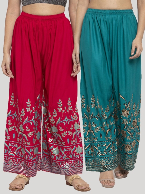 

Clora Creation Women Pack Of 2 Red & Green Floral Printed Ethnic Palazzos