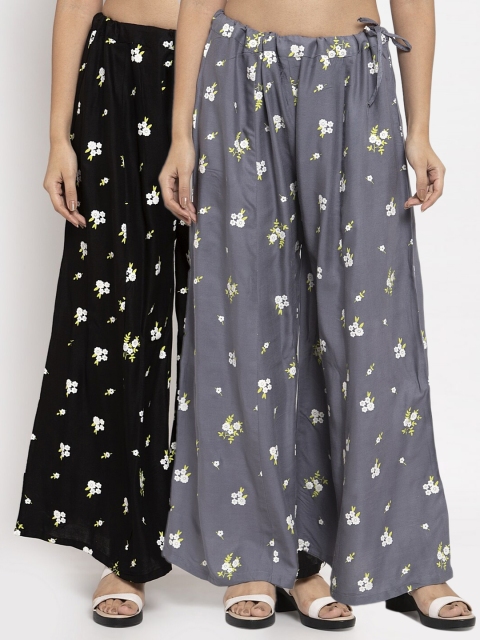 

Clora Creation Women Black & Grey 2 Floral Printed Knitted Palazzos