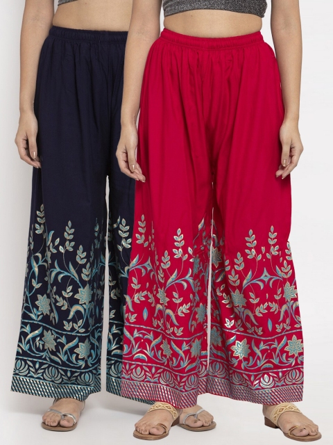 

Clora Creation Set-2 Women Fuchsia & Blue Floral Printed Knitted Palazzos